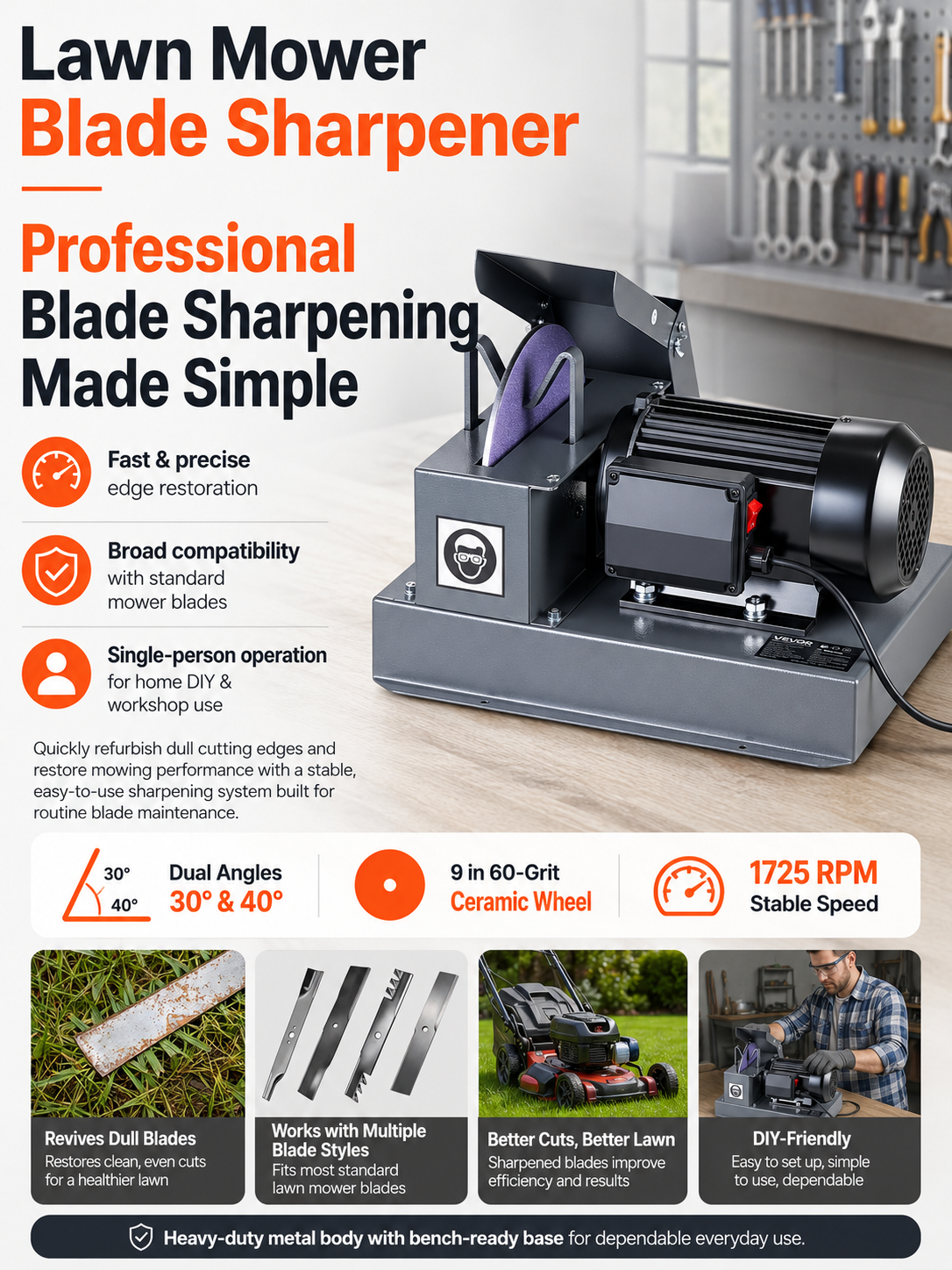 Lawn mower blade sharpener features