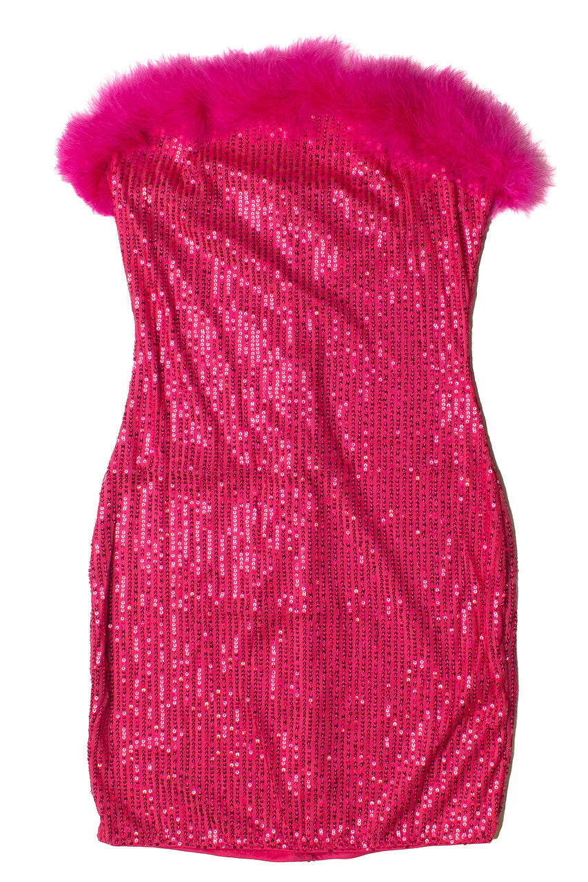 Sequin Fur Trim Strapless Mini Dress