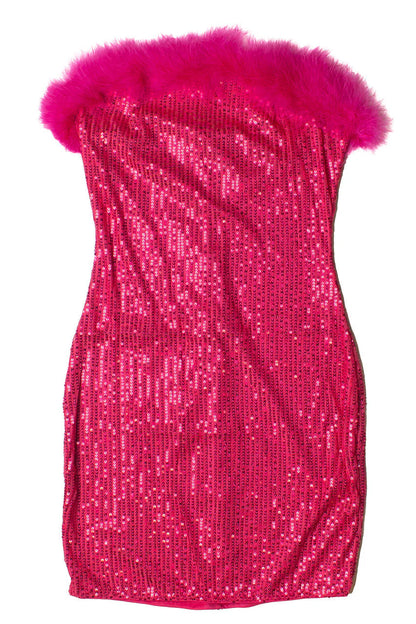 Sequin Fur Trim Strapless Mini Dress