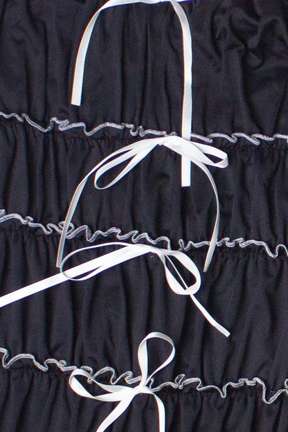 Contrast Stitch Ribbon Bow Tiered Mini Dress