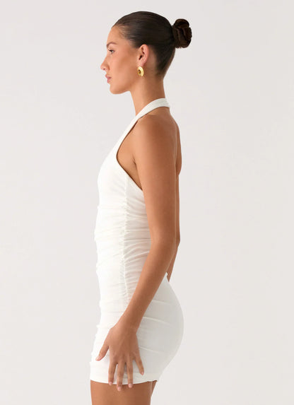 Gloves Up Halter Mini Dress - White