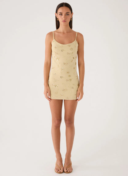 Levanna Beaded Sequin Mini Dress - Pale Olive