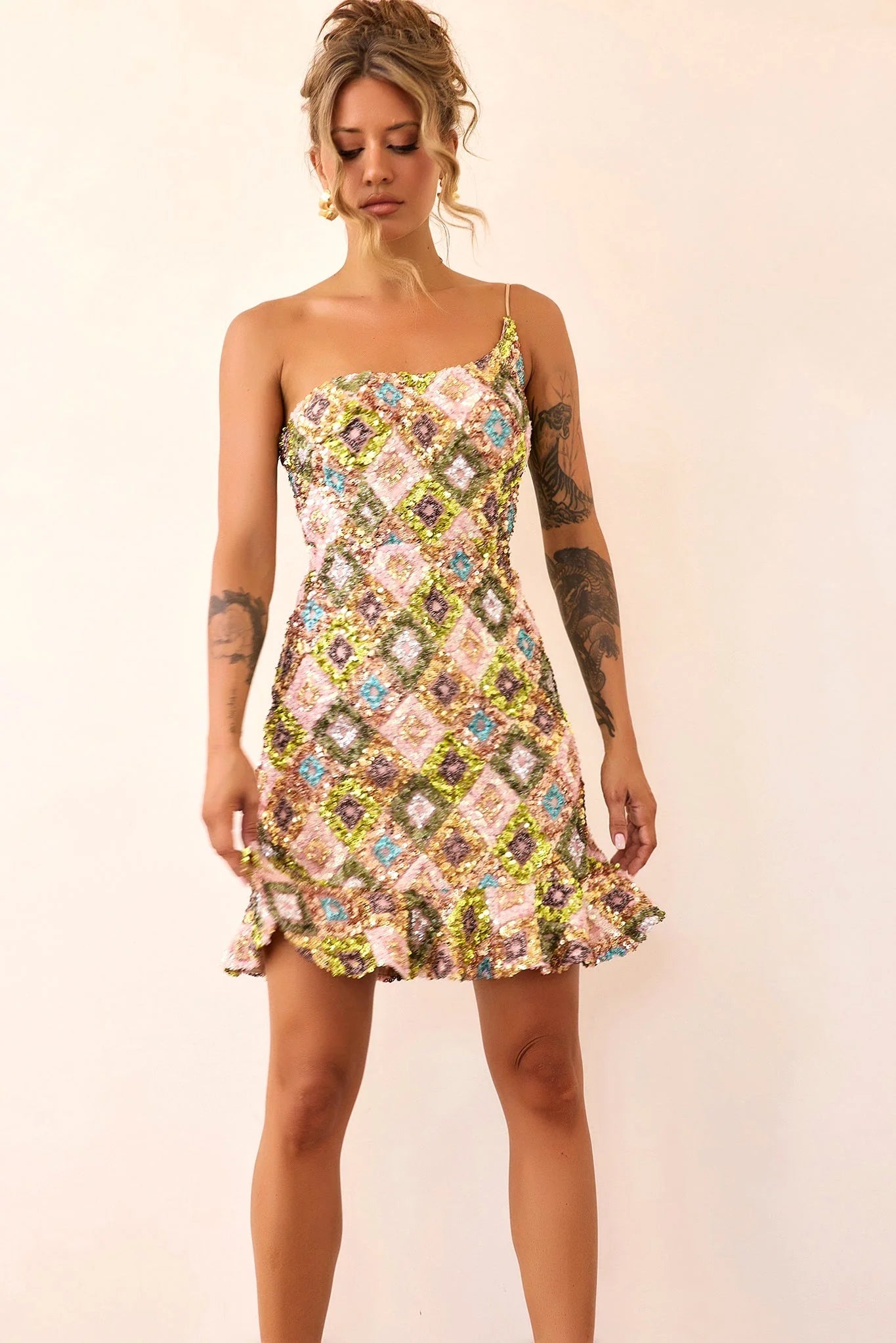 Mirage Mosaic Sequin Mini Dress - Lime Mult