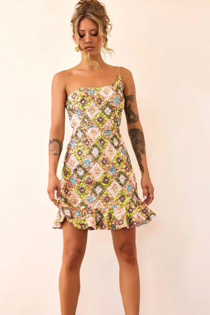 Mirage Mosaic Sequin Mini Dress - Lime Mult
