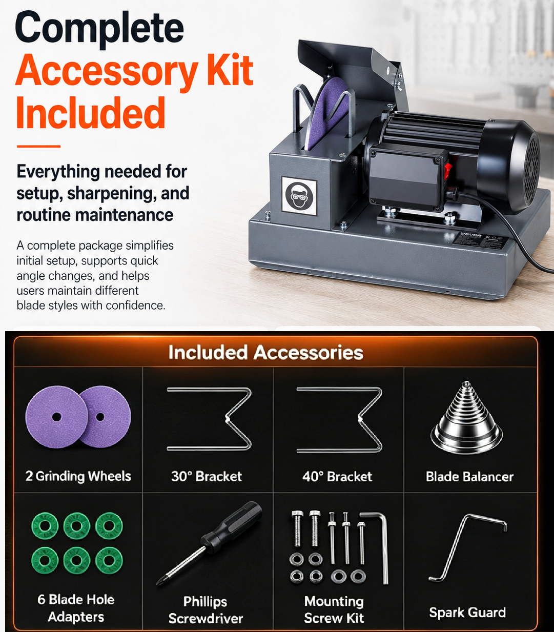 Lawn mower blade sharpener package contents