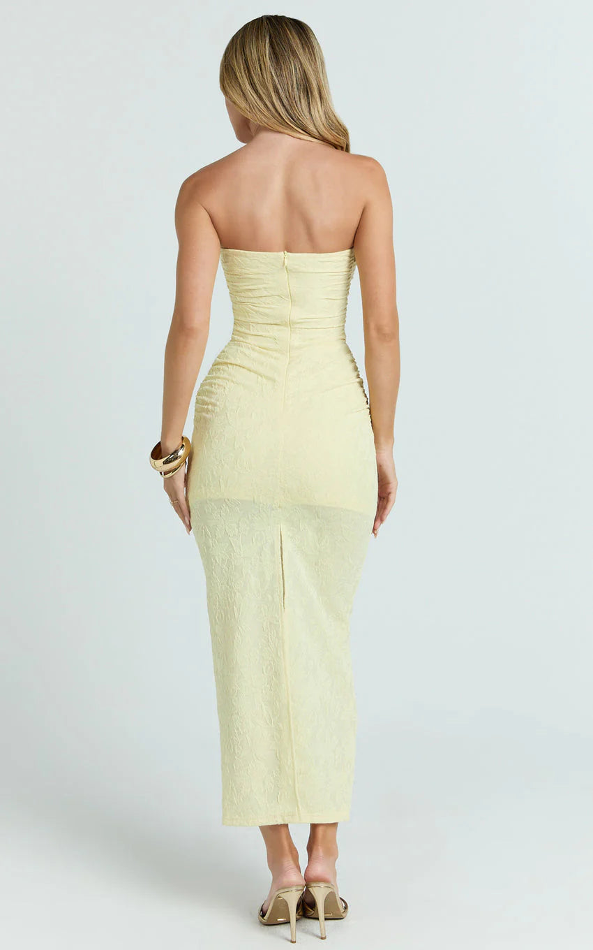 Kayrene Midi Dress - Strapless Bodycon Dress in Butter Yellow