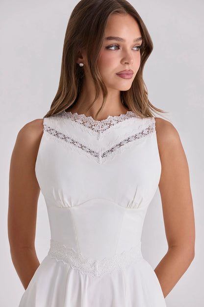 white cotton lace trim waist cinch midi dress