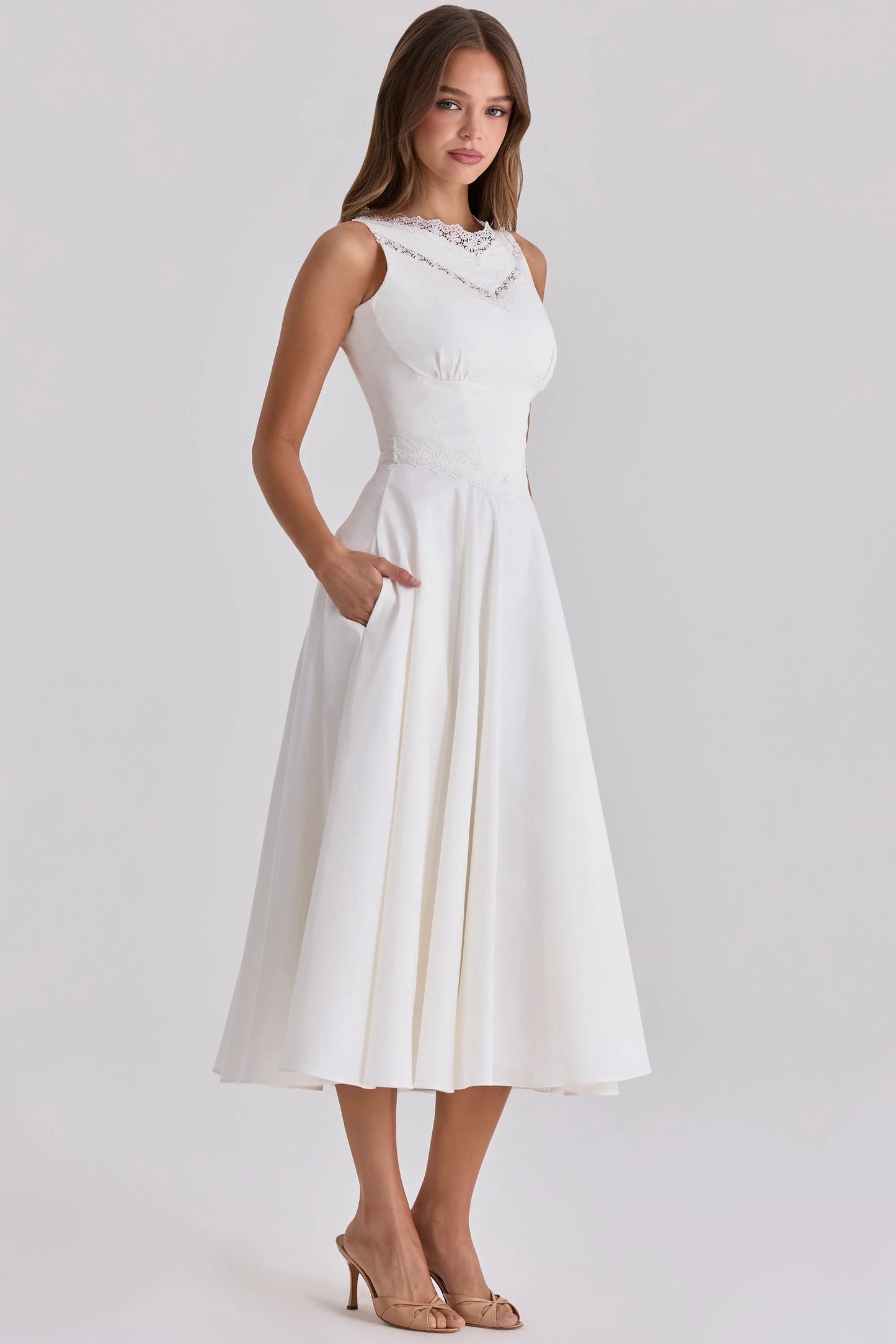 white cotton lace trim waist cinch midi dress