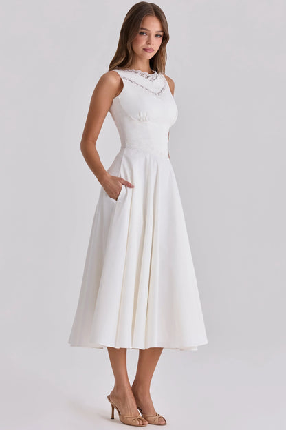 white cotton lace trim waist cinch midi dress