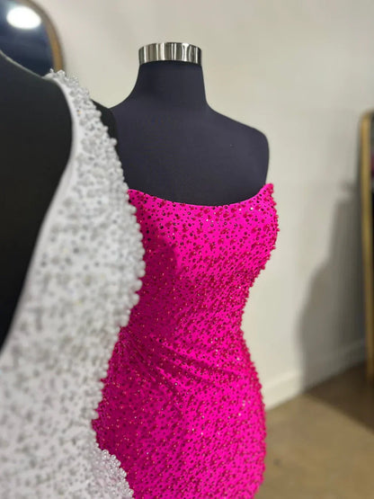 Trendy Sheath V Neck Fuchsia Short Homecoming Dress with Pearls