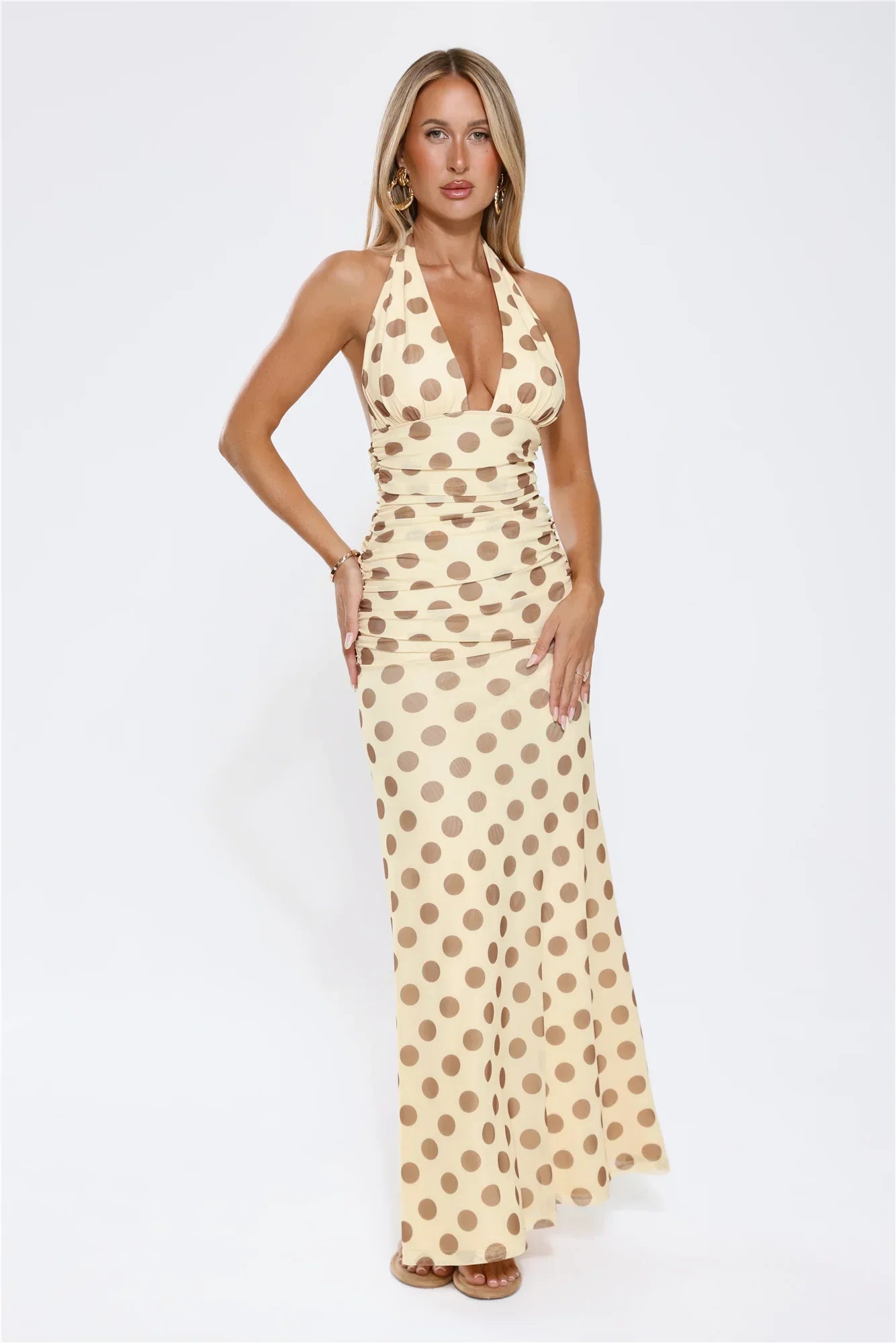 Nightlife Icon Halter Polka Dot Maxi Dress Yellow