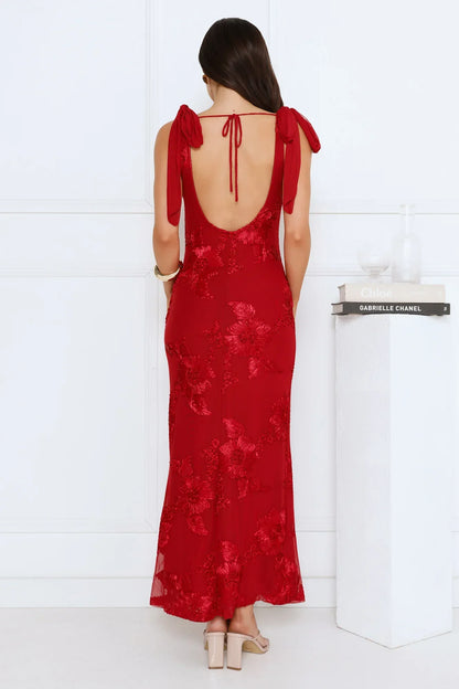 Golden Doll Mesh Maxi Dress Red