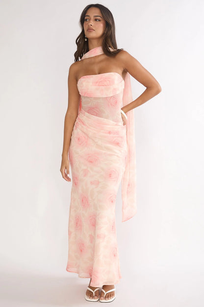 Unforgettable Day Drape Waist Strapless Maxi Dress Roses Floral