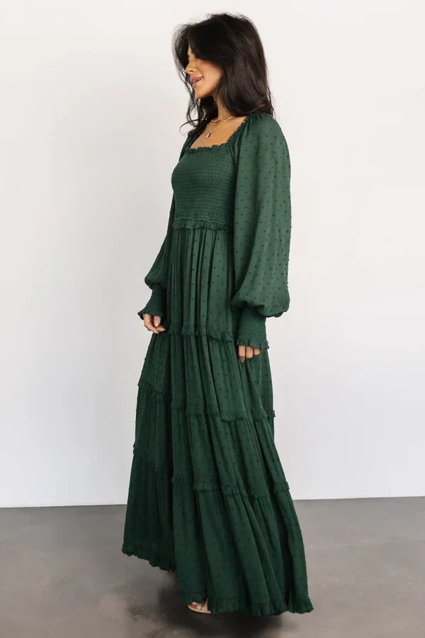 Amanda Smocked Dotted Maxi Dress | Evergreen