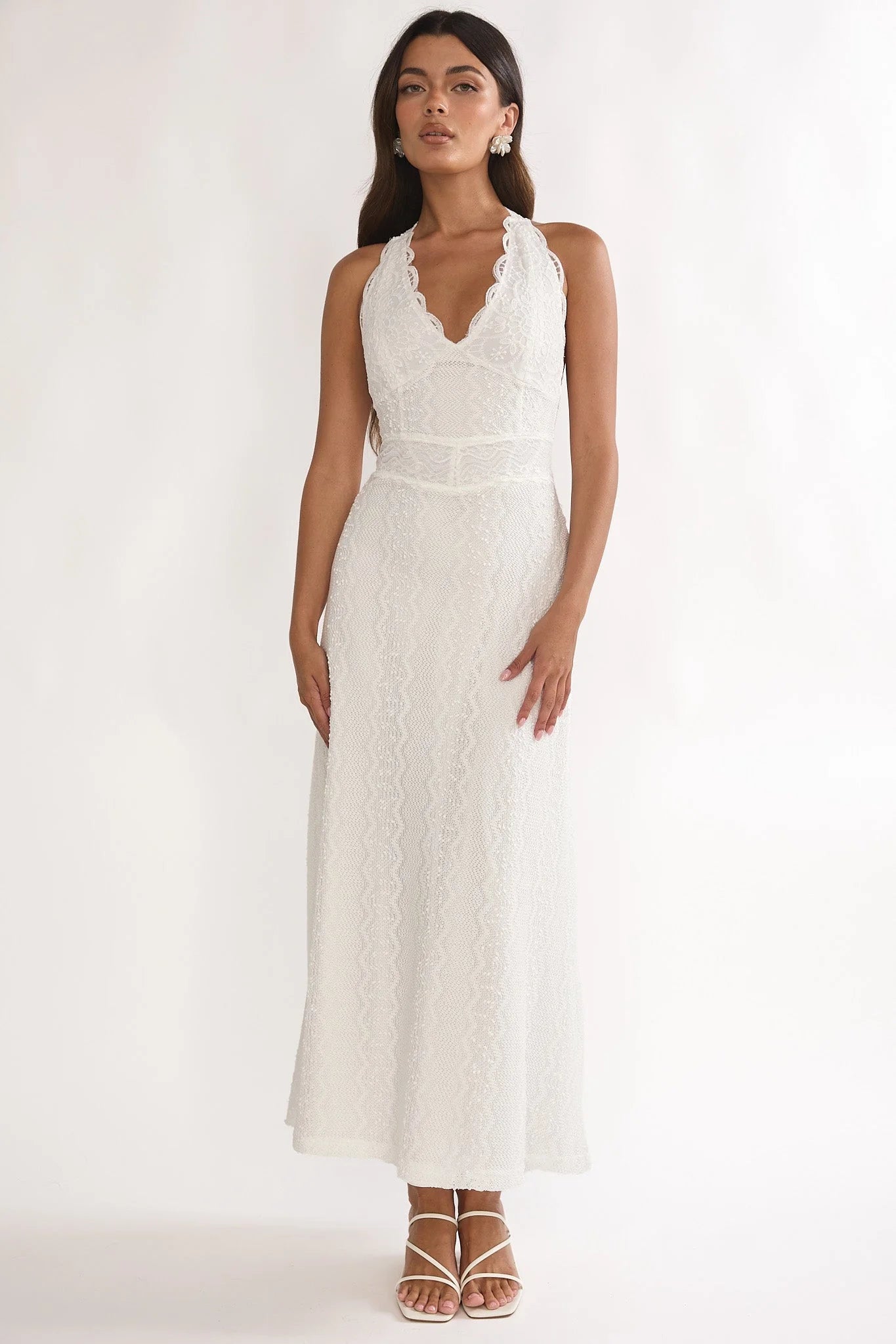 Beaucoup Lace Overlay Halterneck Maxi Dress Cream