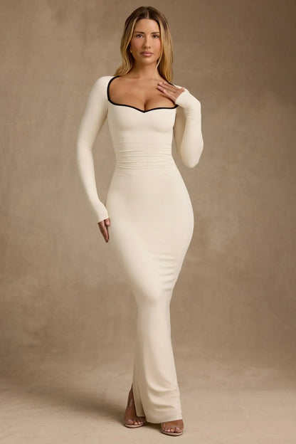 Modal Contrast-Trim Maxi Dress in Ivory