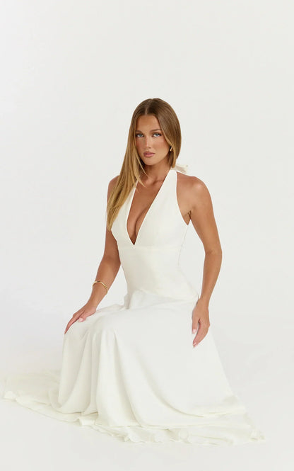 Poppy Maxi Dress - Contrast Skirt Deep Plunge Halter Dress in Off White