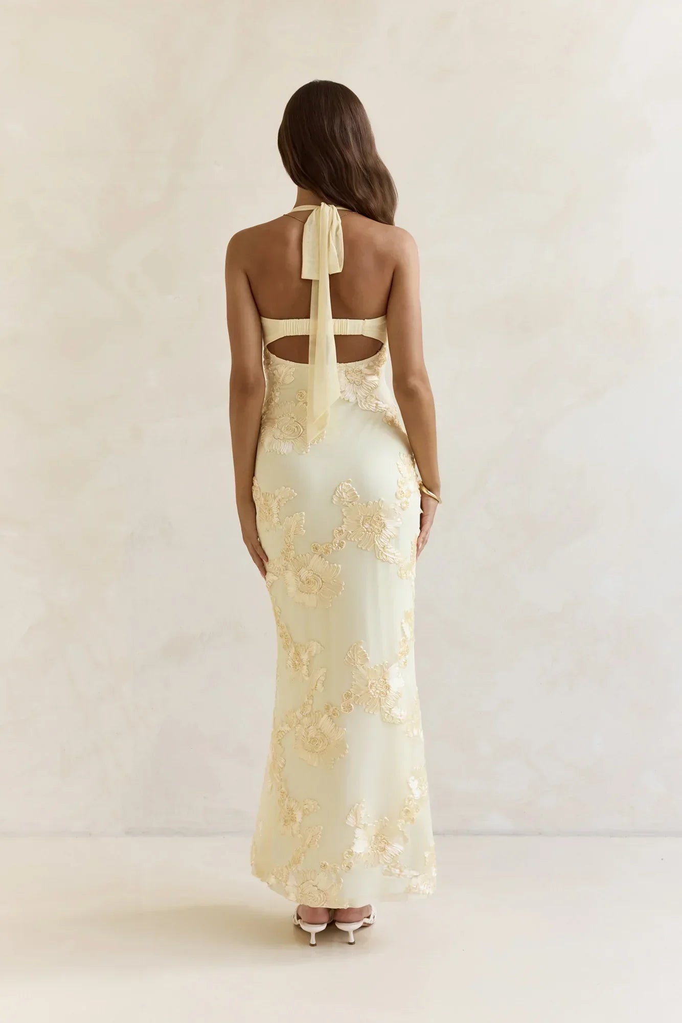 Skybloom Mesh Halter Maxi Dress Yellow