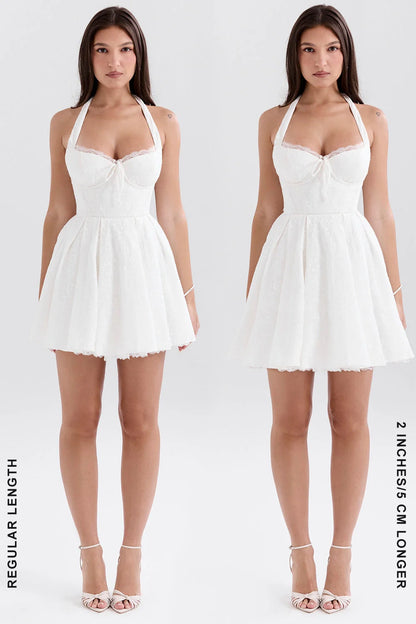 white broderie anglais halter mini dress