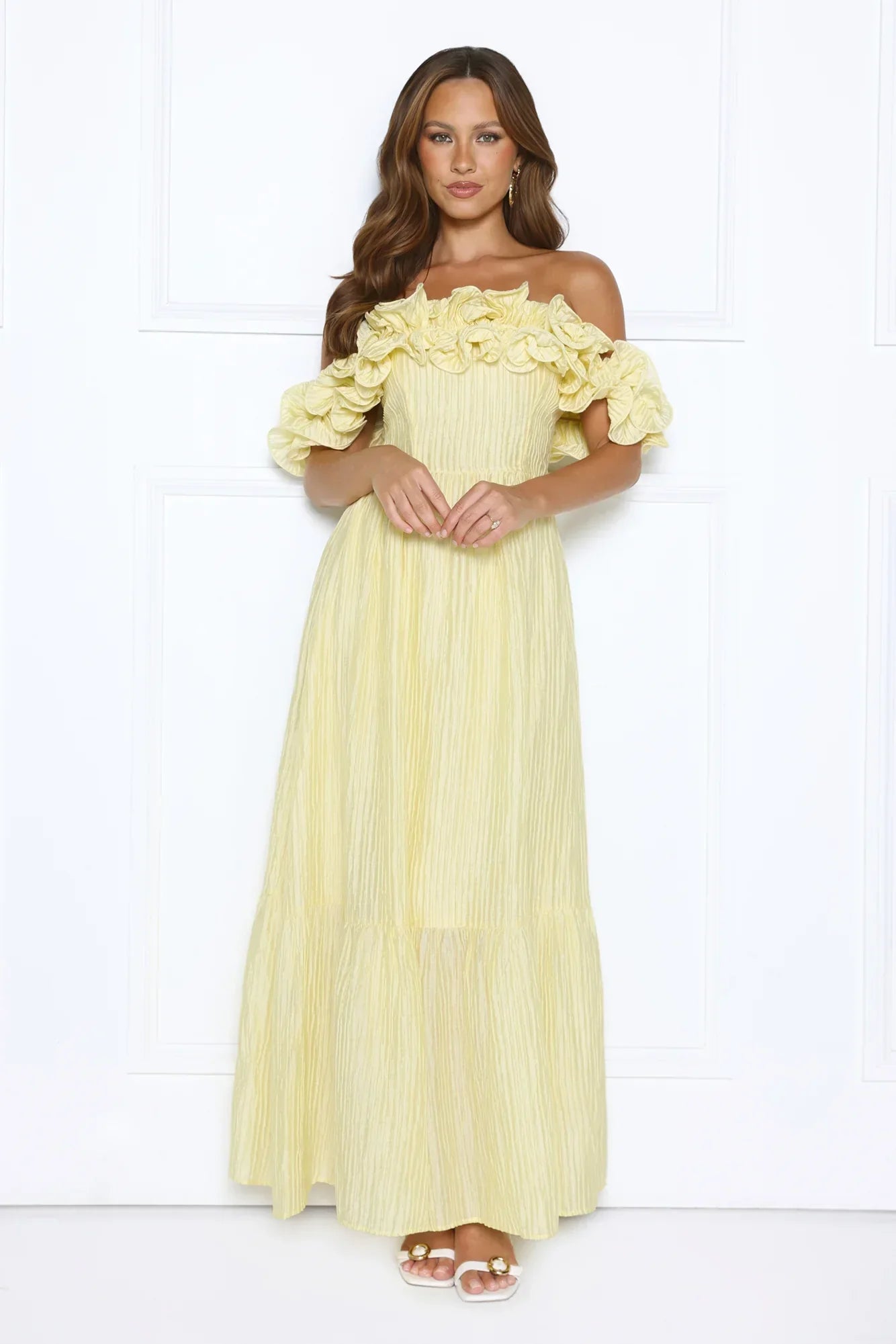 Magnetic Energy Off Shoulder Maxi Dress Yellow