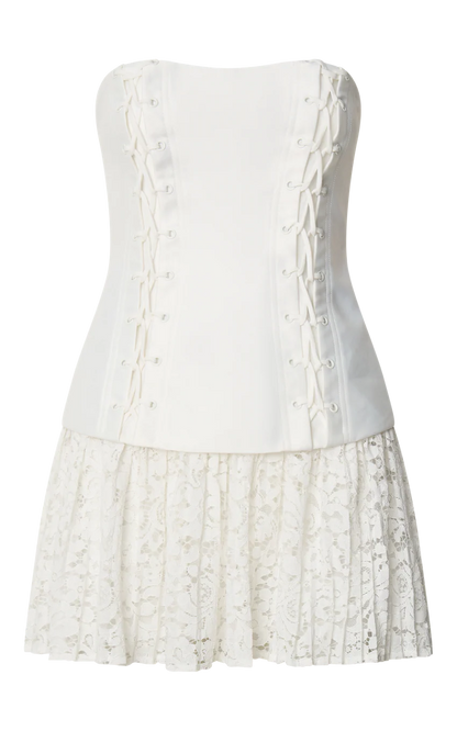 Emerie Mini Dress - Strapless Drop Waist Pleated Dress in Cream