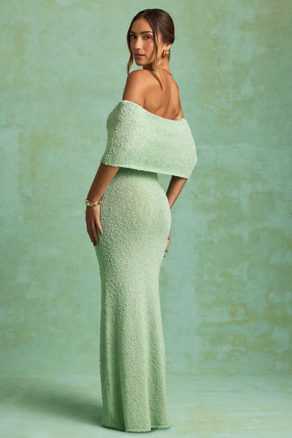 Bouclé Off-Shoulder Maxi Dress in Mint