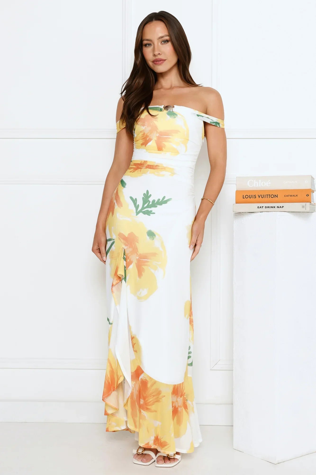 Crown Affair Off Shoulder Mesh Maxi Dress White