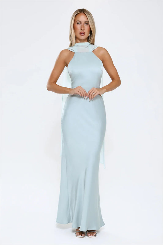 Luxe Obsession Halter Satin Maxi Dress Seafoam