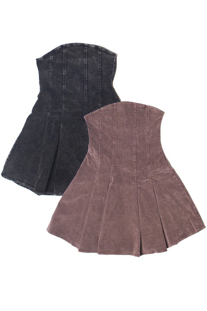 Corduroy Pleated Strapless Mini Dress