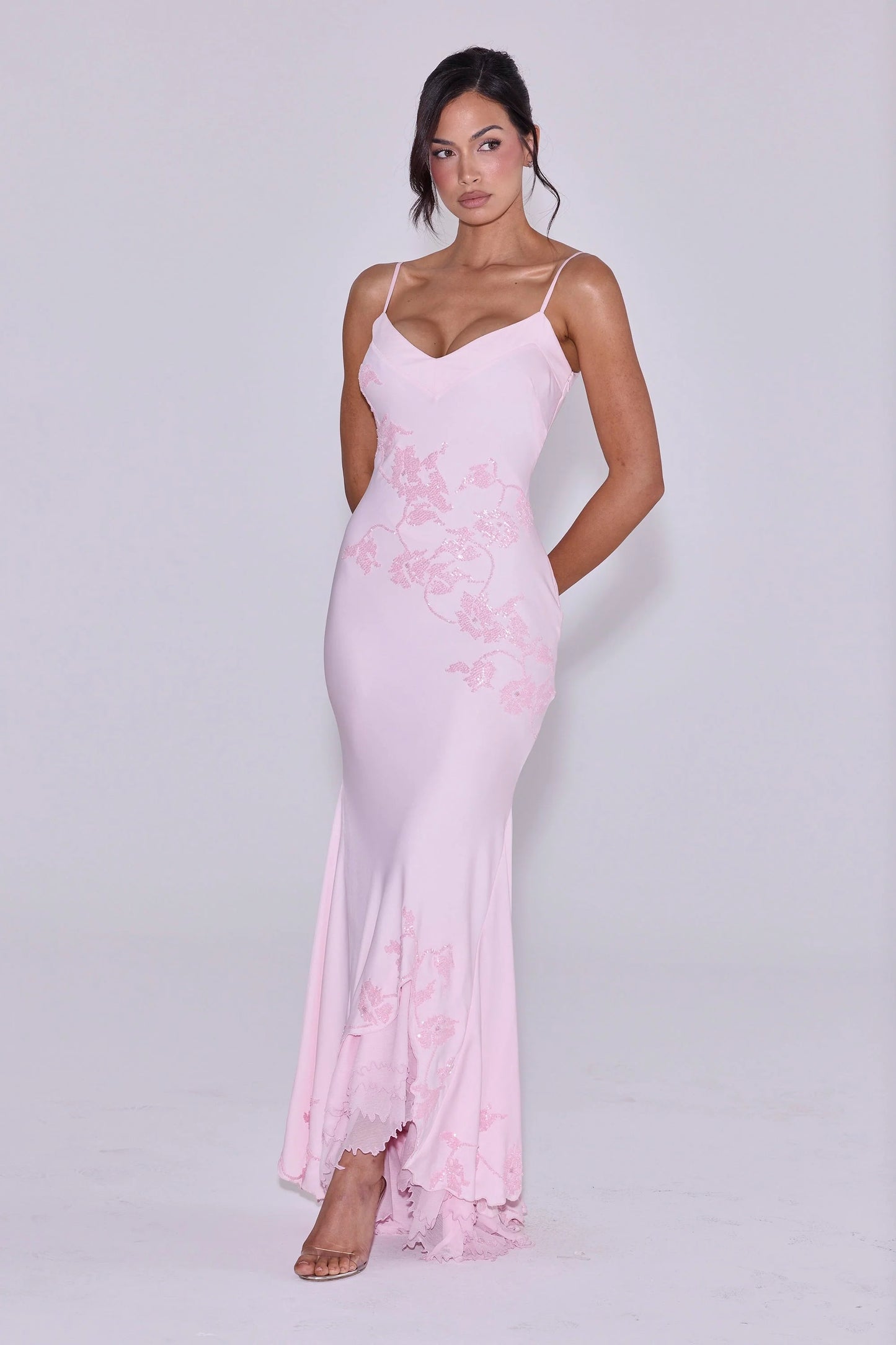 pink hand beaded embellished satin maxi dress