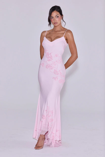 pink hand beaded embellished satin maxi dress