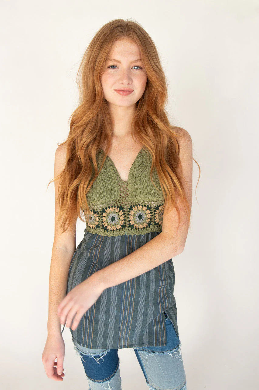 Crochet Top Striped Skirt Mini Dress
