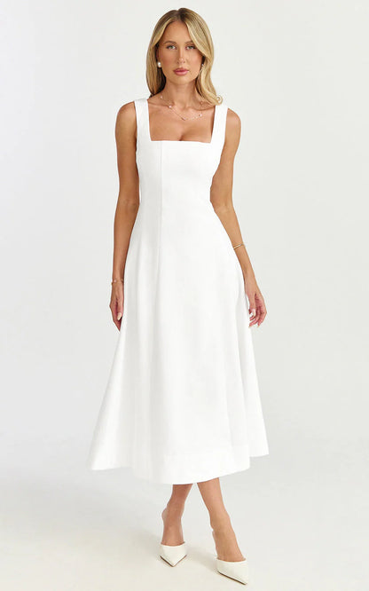 Walters Midi Dress - Square Neck Shirred Back Fit and Flare Panel Dress in White