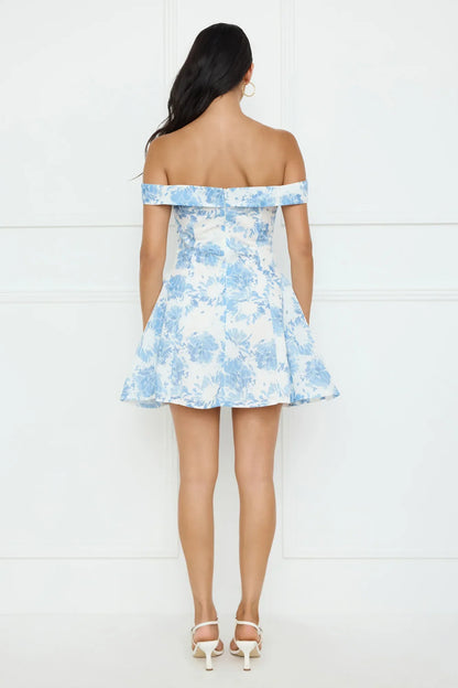 Dewy Blossom Off Shoulder Mini Dress Blue