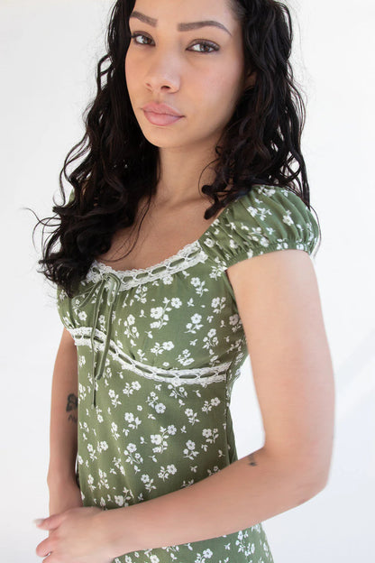 Puff Sleeve Lace Trim Floral Maxi Dress