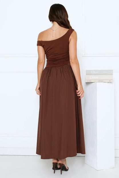 Camellia Charm Off Shoulder Maxi Dress Brown