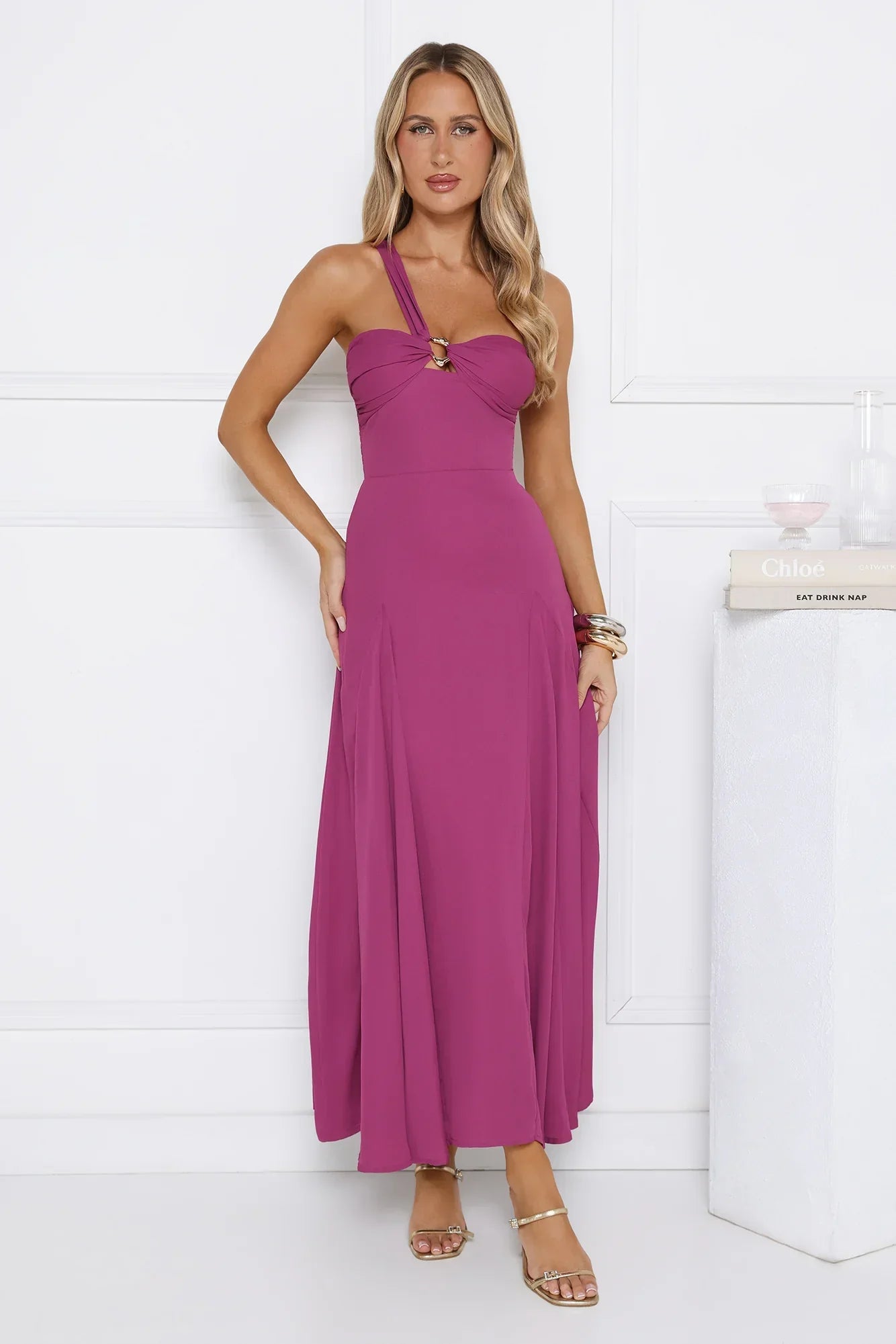Glossed Edge One Shoulder Maxi Dress Plum