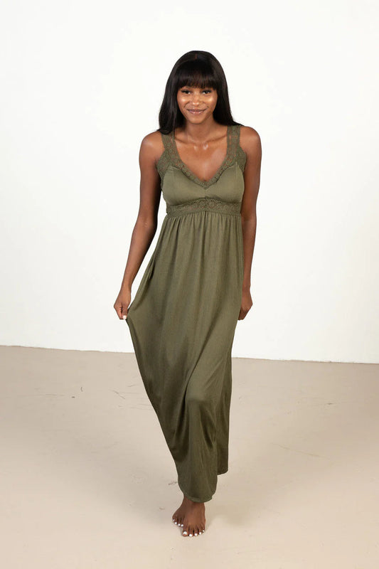 Olive Green Crochet Trim Maxi Dress