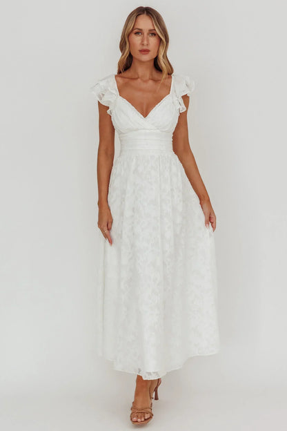 Lola Ruffle Shoulder Maxi Dress Textured White