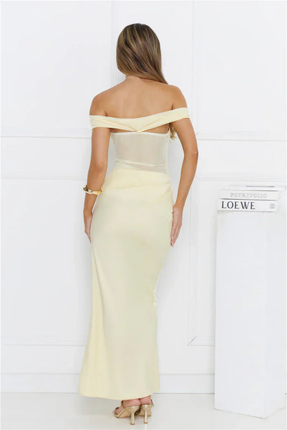Silent Dreams Mesh Satin Off Shoulder Maxi Dress Yellow