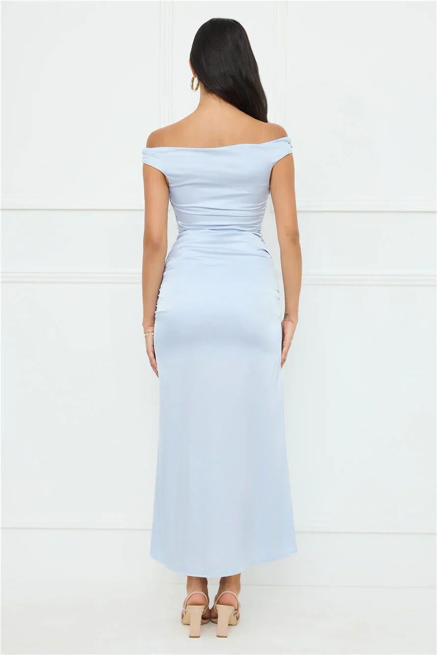 Polished Radiance Off Shoulder Satin Maxi Dress Blue