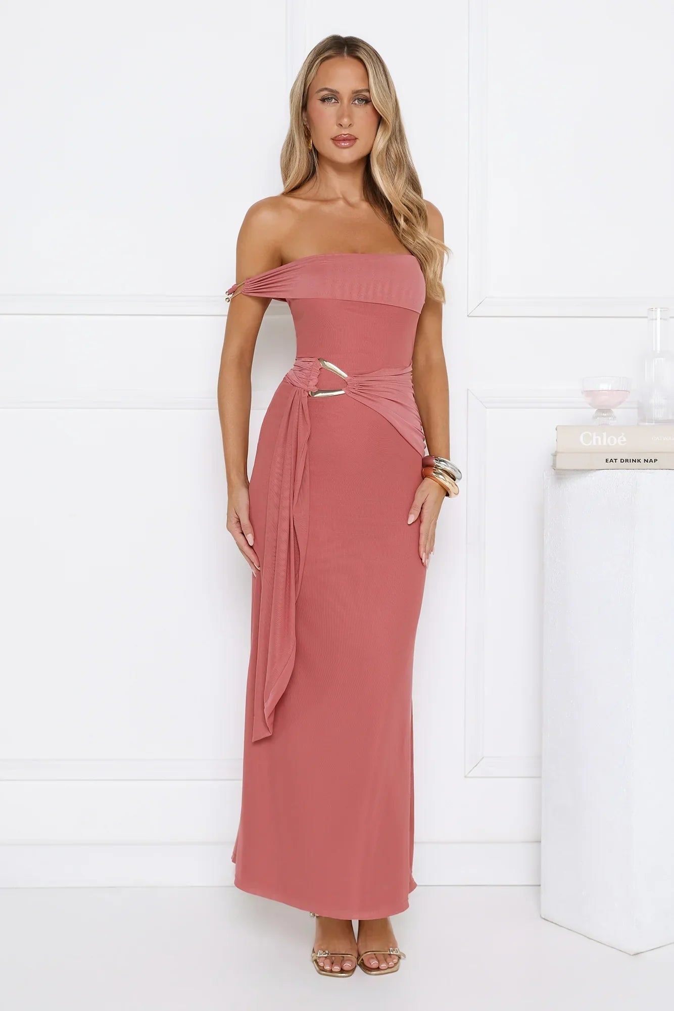 Late Night Kiss Off Shoulder Maxi Dress Rose