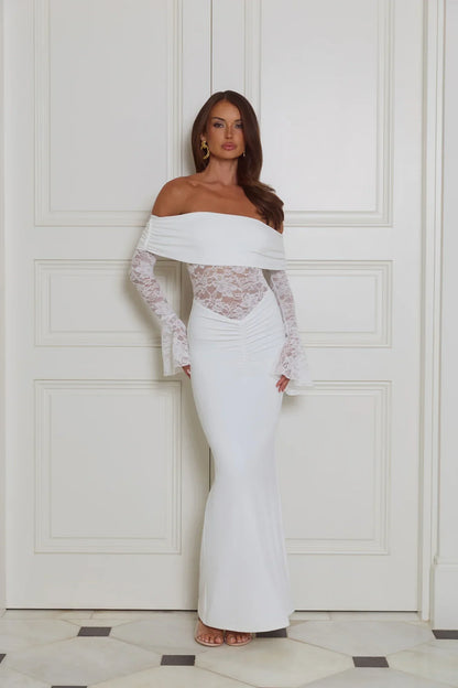 Luxe Temptress Off Shoulder Maxi Dress White