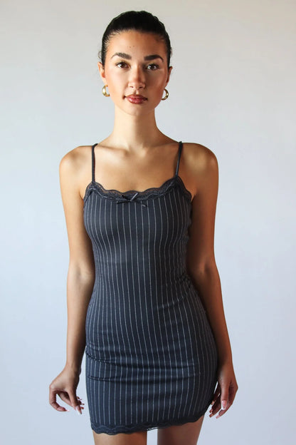 Lace Trim Pinstripe Mini Dress