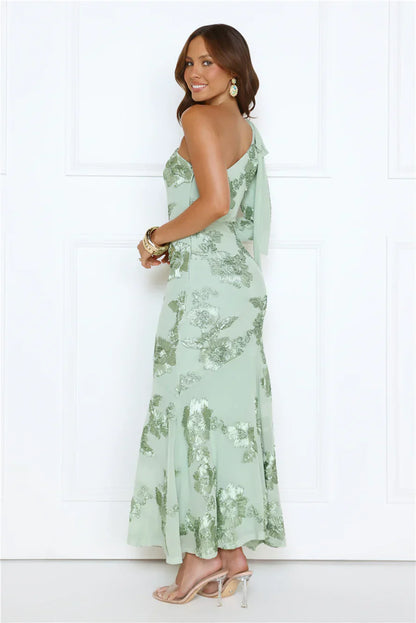 Glow Queen Energy One Shoulder Maxi Dress Sage