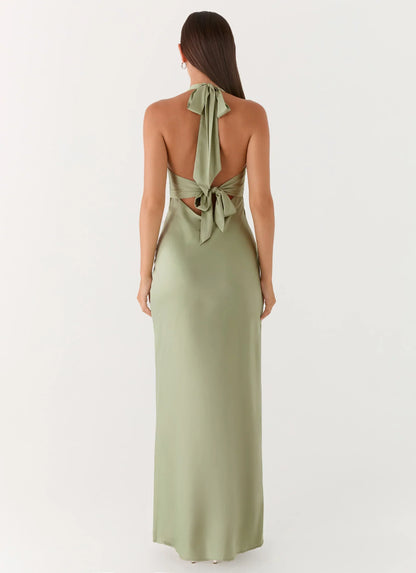 Heavy Hearted Satin Maxi Dress - Sage