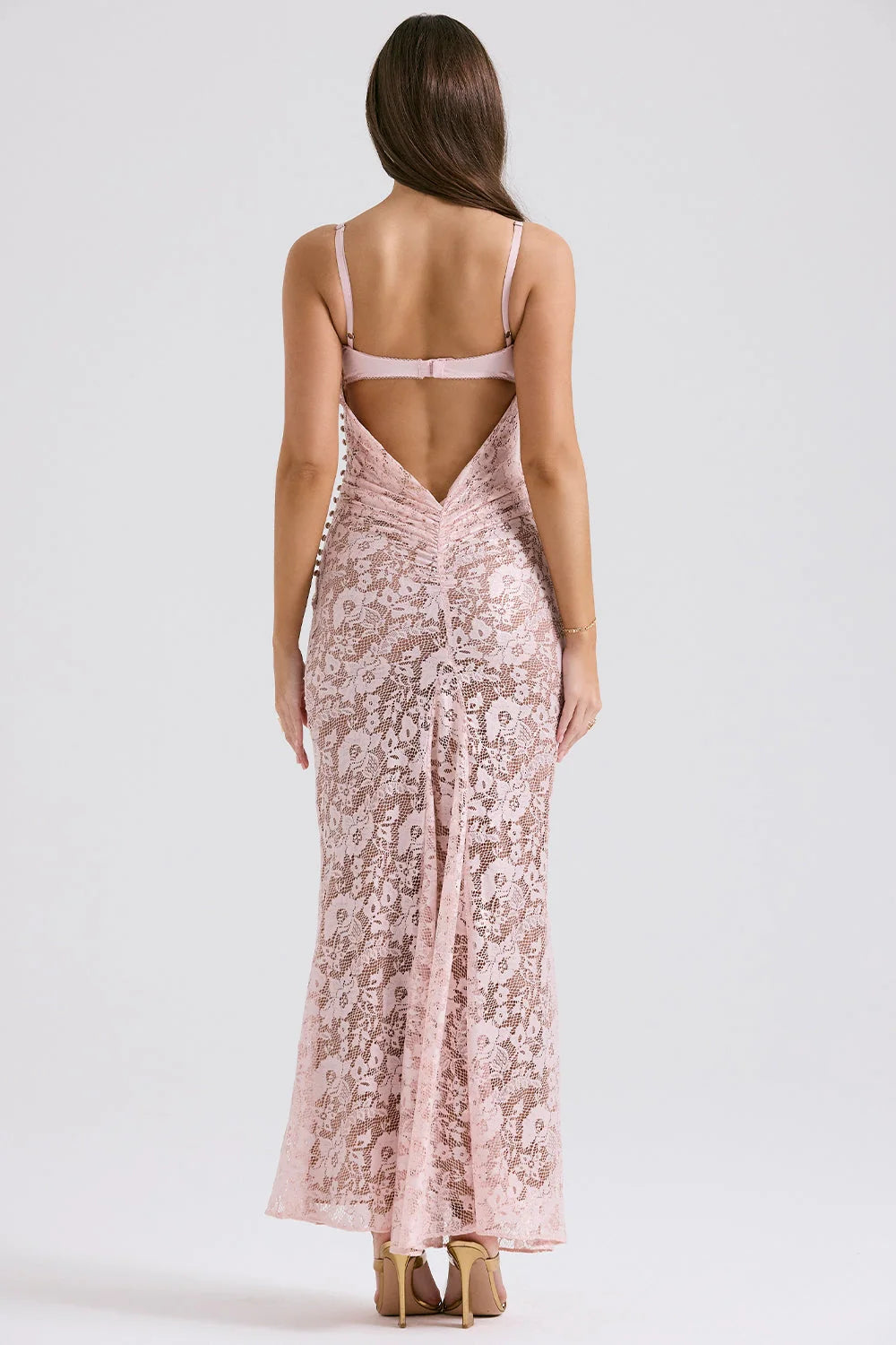 rose pink lace godet gown