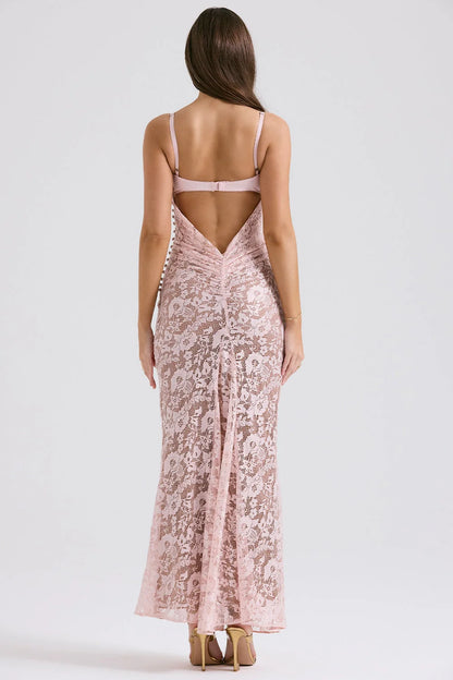 rose pink lace godet gown