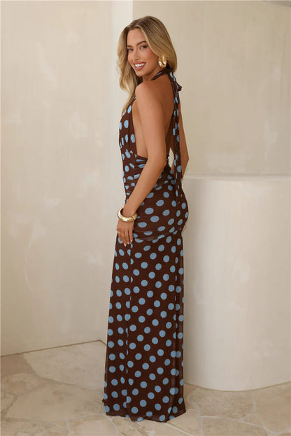 Cool Girl Energy Halter Polka Dot Maxi Dress Brown
