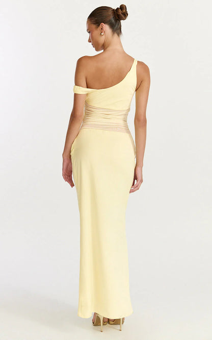 Elias Maxi Dress - Twisted One Shoulder Cowl Dropped Waist Dress in Lemon